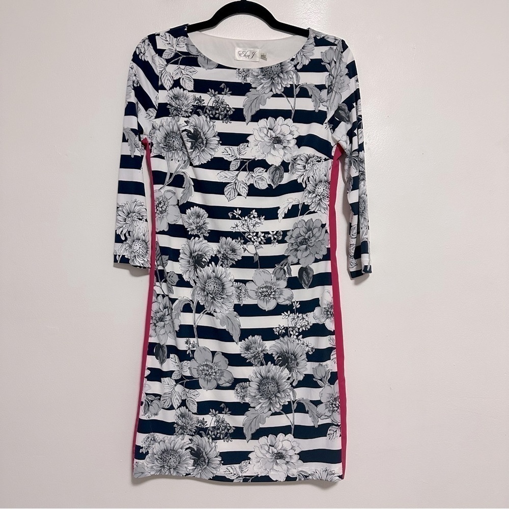 Eliza J Striped Floral Print 3/4 Sleeve Sheath Dress
